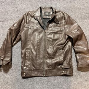 KH Jacket Mens 2XL Brown Faux Leather Biker Moto Zip Pockets Lined Stand Collar